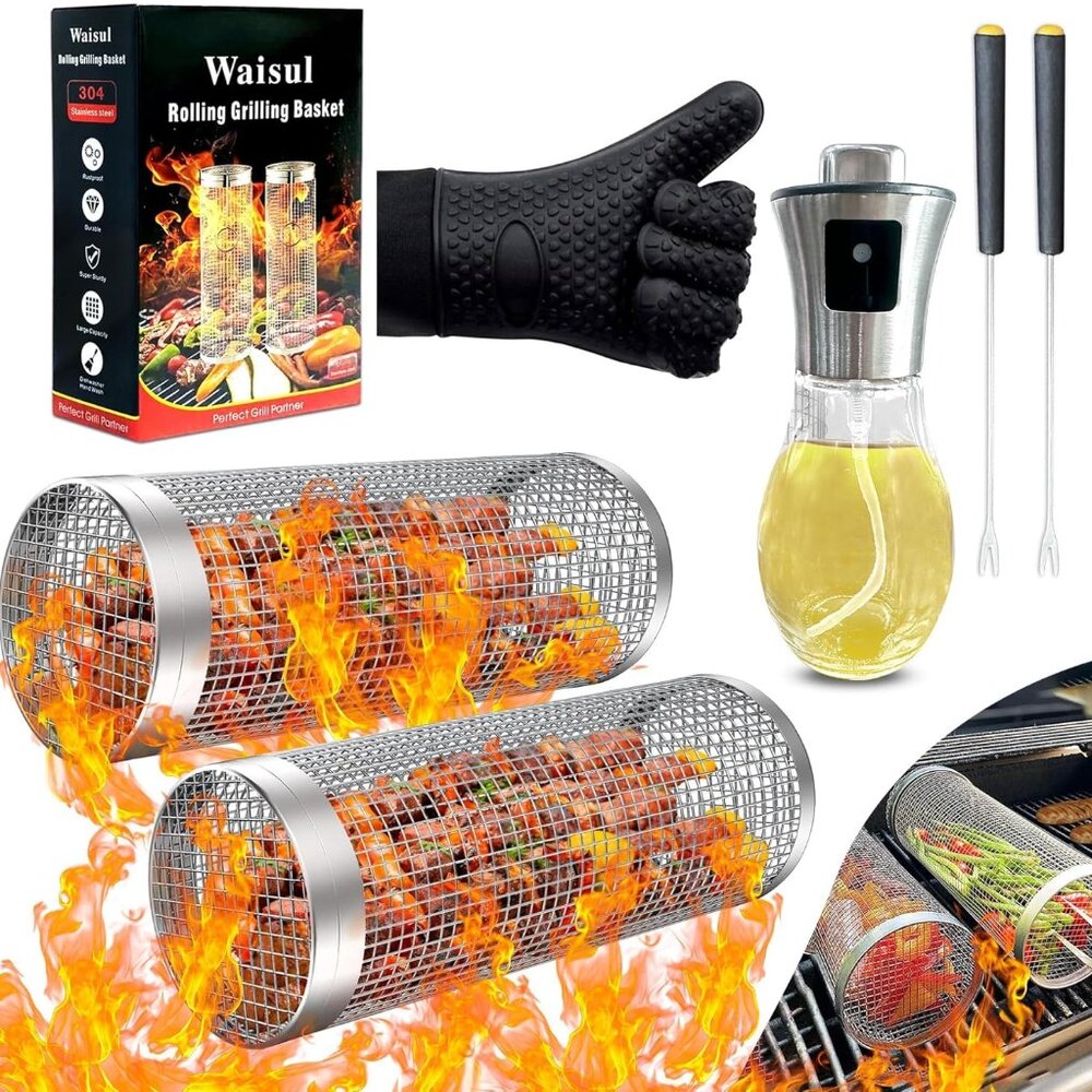 High-Quality 2 Lg Rolling Stainless Steel Grilling Baskets with Tool & Hot glove